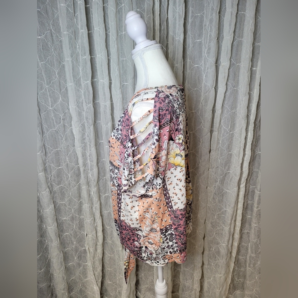 Parallel Skies Boho Floral Paisley Patchwork Cold Shoulder Tie Front Top L - Picture 2 of 5
